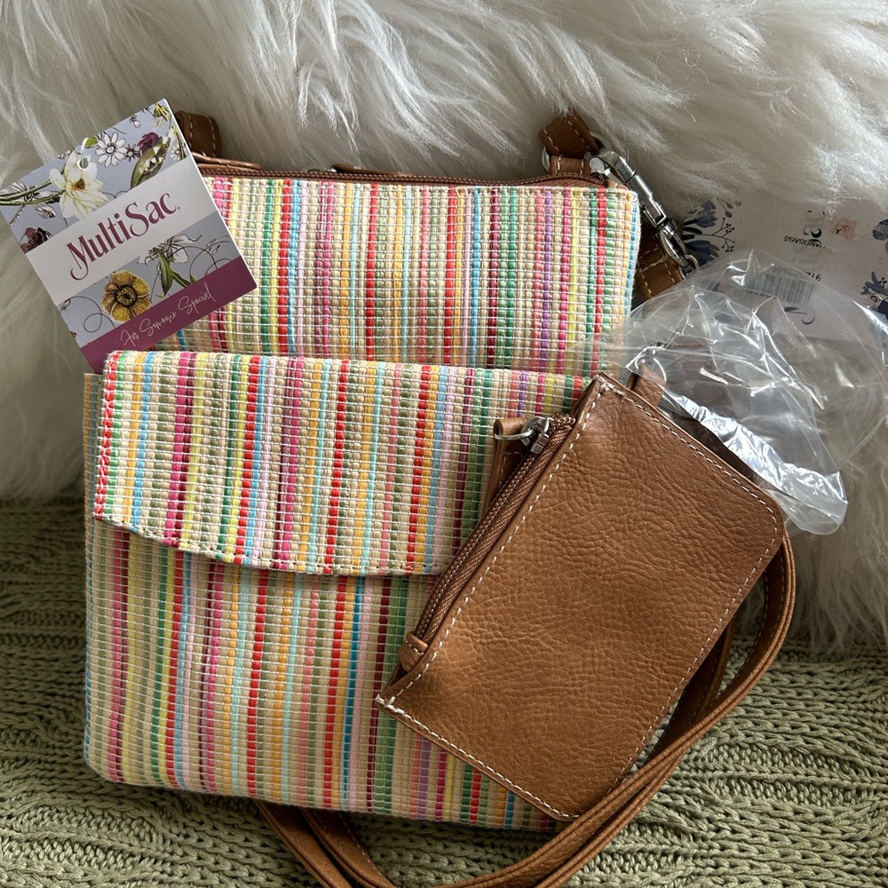 NWT MuliSac Women’s Striped Crossbody Bag Tan & Multicolors Wallet, Size Pocket